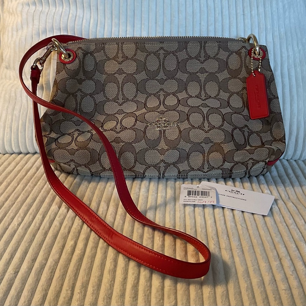 Authentic COACH Signature Crossbody Bag New tag Khaki/Red - Picture 2 of 14